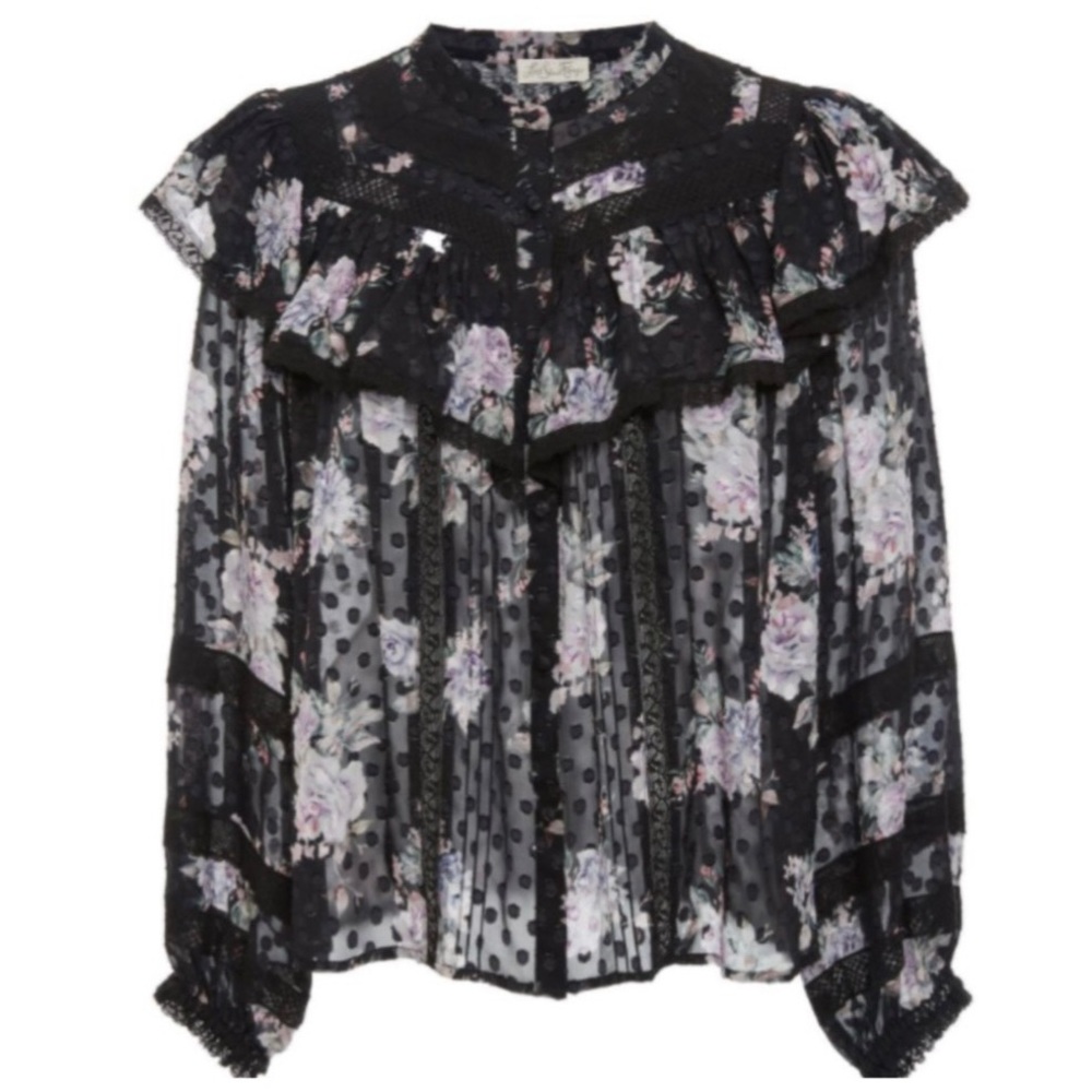 Loveshackfancy Erica Noir Blouse floral w/ruffle